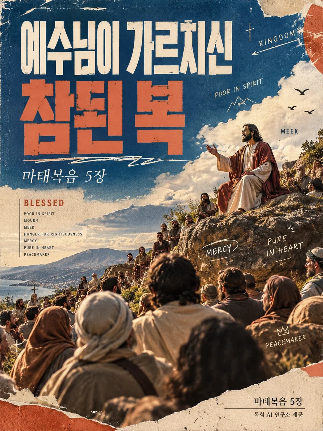 마태복음 5장의 산상수훈을 주제로 한 세로형 기독교 에디토리얼 포스터. 대표 이미지